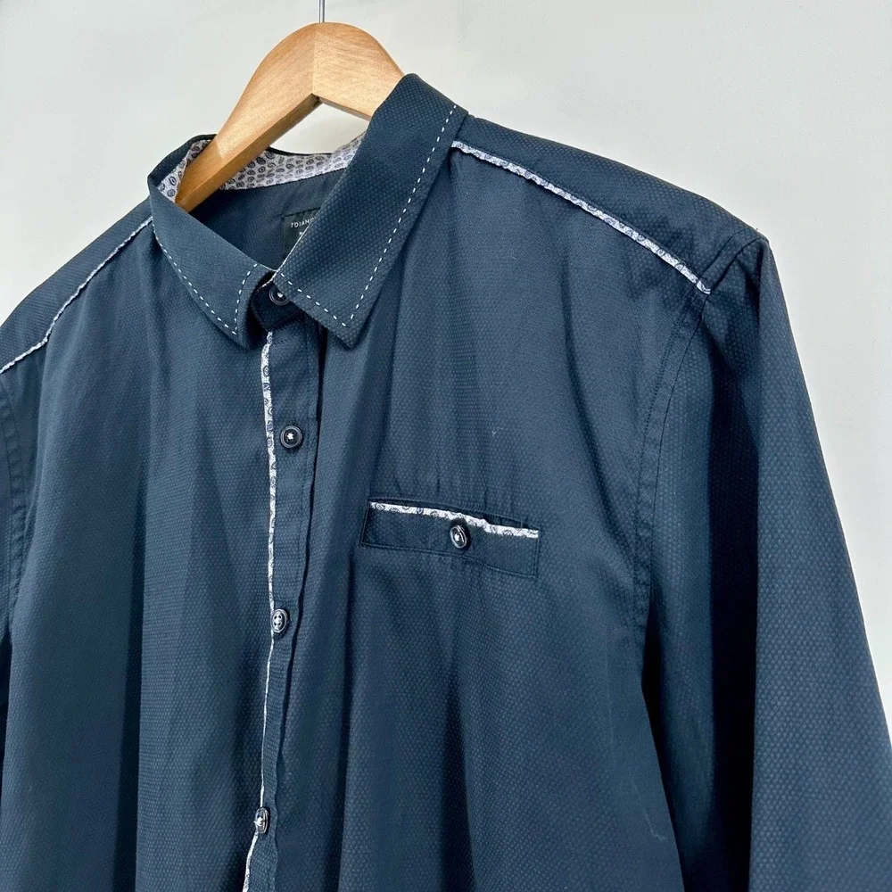 7 DIAMONDS Mens XL Dark Blue Textured Dress‎ Shirt Long Sleeve Button Up